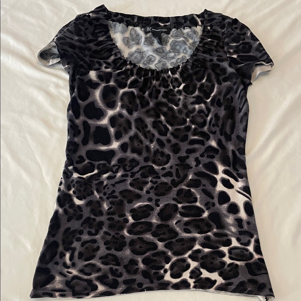 INC International Concepts Black and Gray Animal Print Top